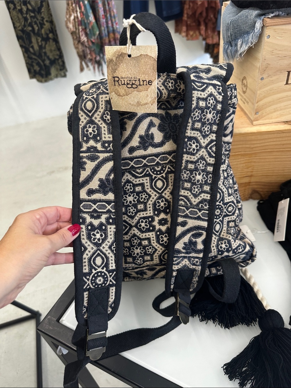 Embroidered Boho Backpack — Blue, Yellow & Cream Rope Drawstring - Picture 4 of 4